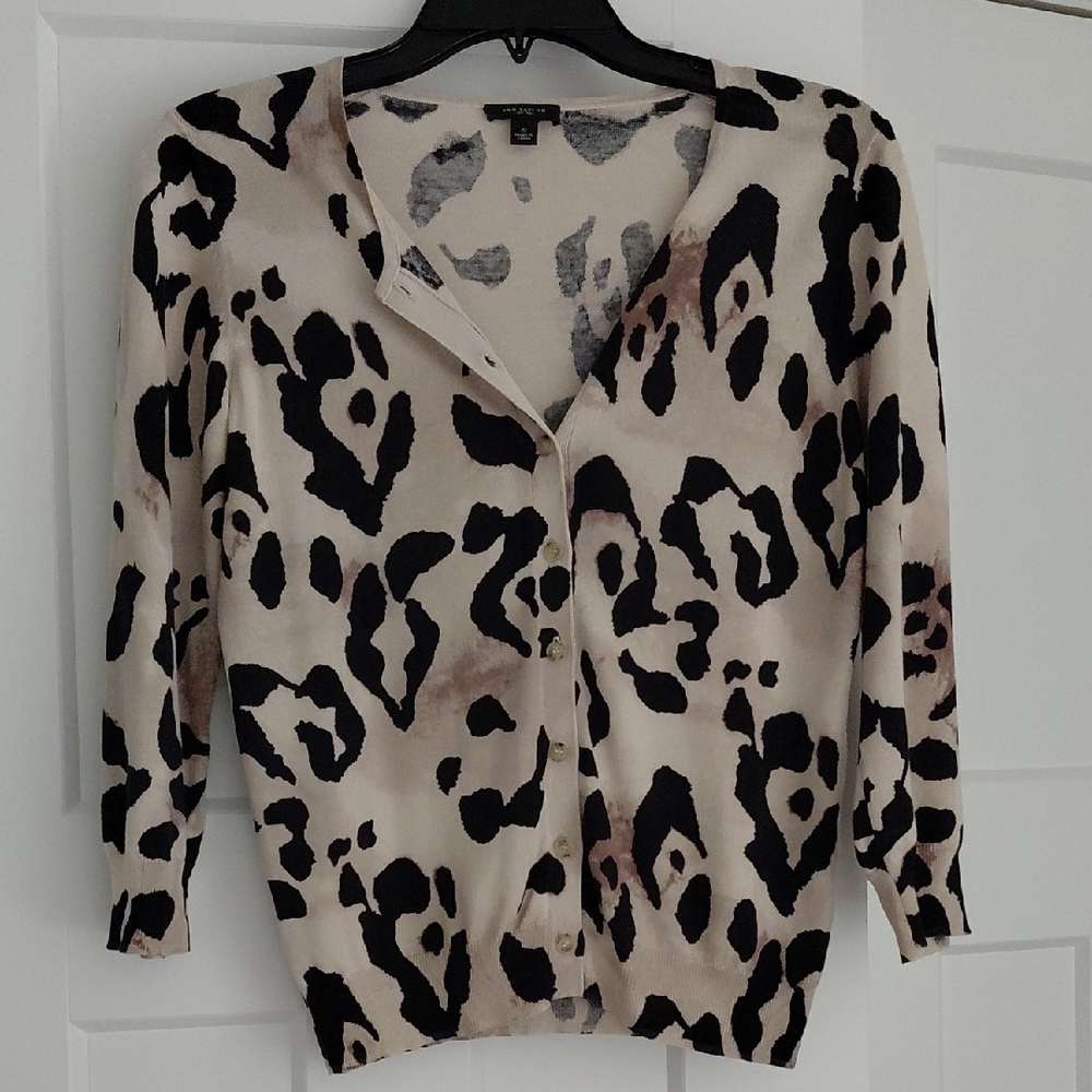 Ann Taylor Beige Cardigan with Black and Brown Animal Print